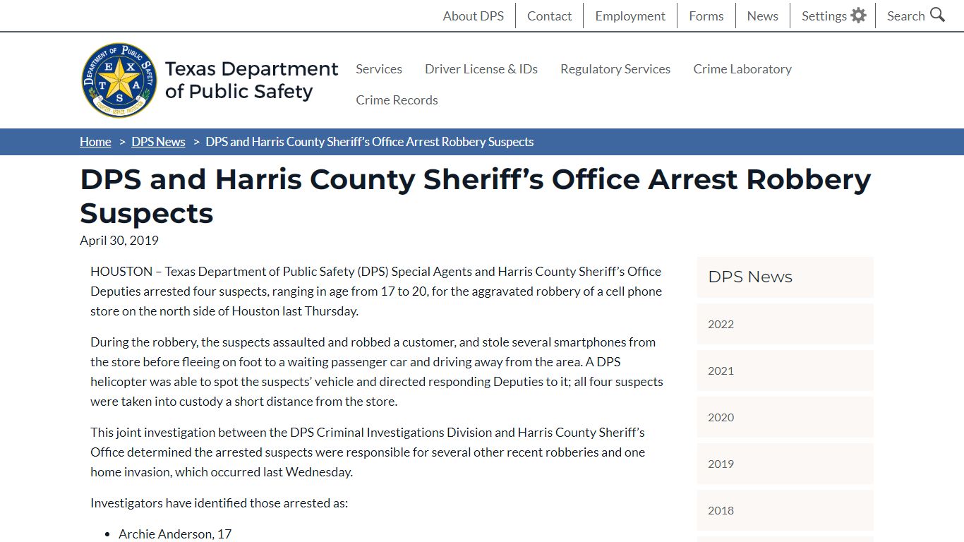 DPS and Harris County Sheriff’s Office Arrest Robbery Suspects